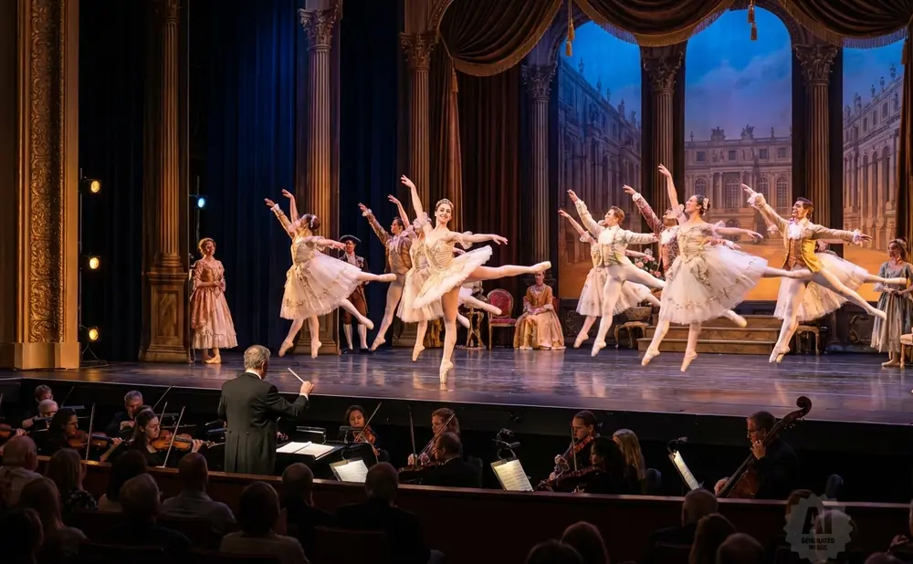 Ballerinas in purple and white tutus perform on stage with an orchestra in the foreground.