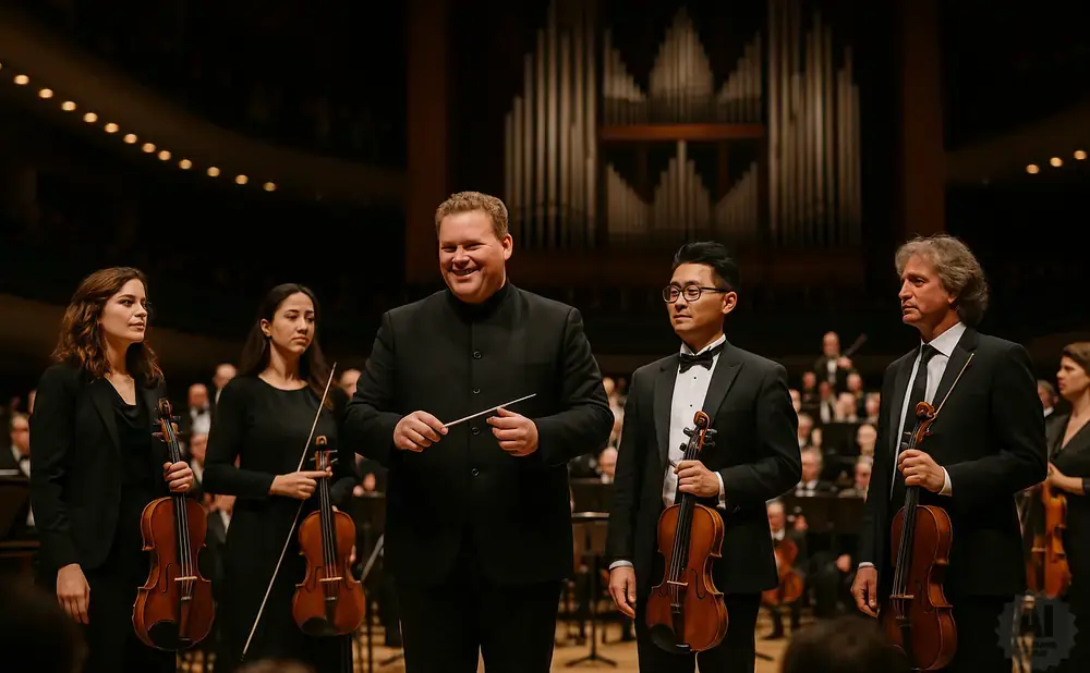 A conductor and violinists stand on stage before an orchestra, with a pipe organ in the background.