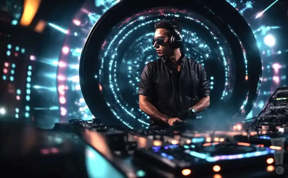 A DJ in sunglasses and headphones at a mixing board, with a glowing circular backdrop.