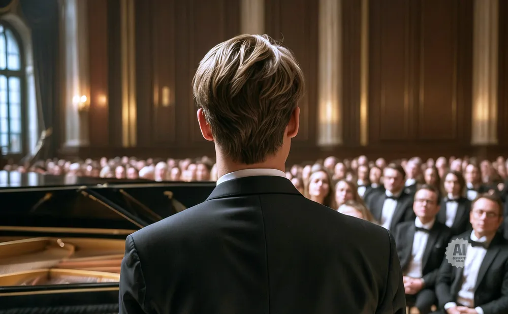 A man in a black suit faces a grand piano and an audience in formal attire at a concert hall.