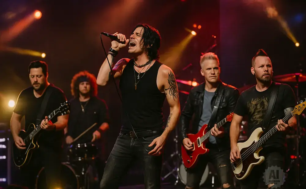 A band performs on stage with a lead singer in a black tank top and jeans singing into a microphone.