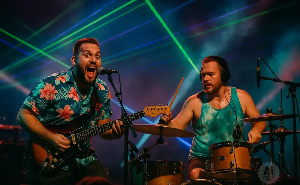 A band performs on stage with colorful lights shining from behind them. A singer plays guitar while a drummer plays behind him.