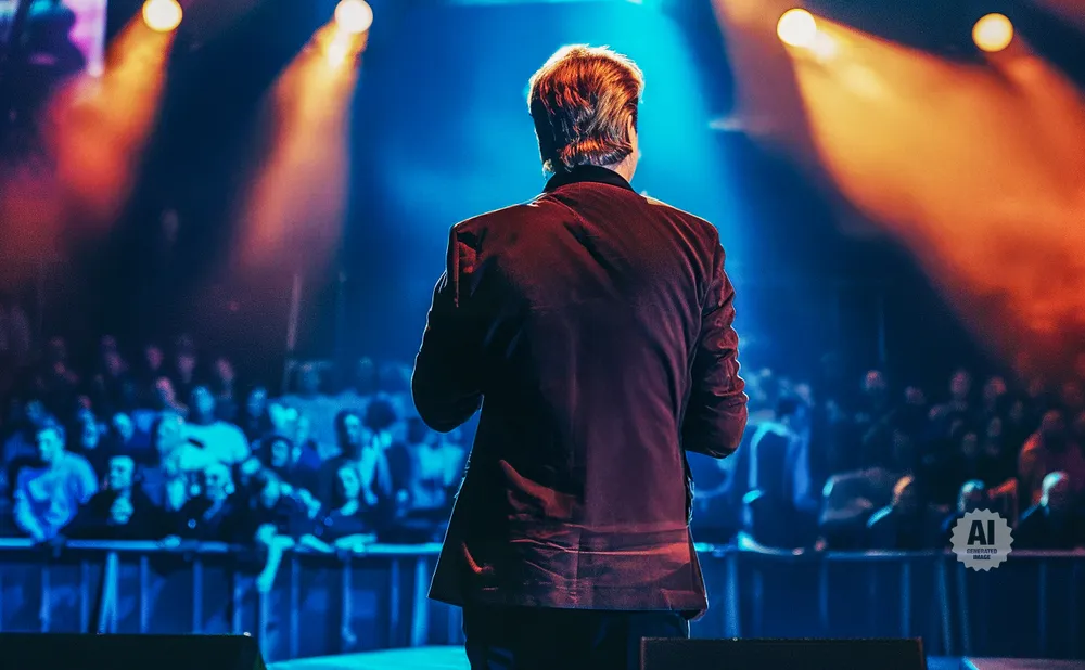Back view of a man in a velvet suit speaking to a crowd on a brightly lit stage.