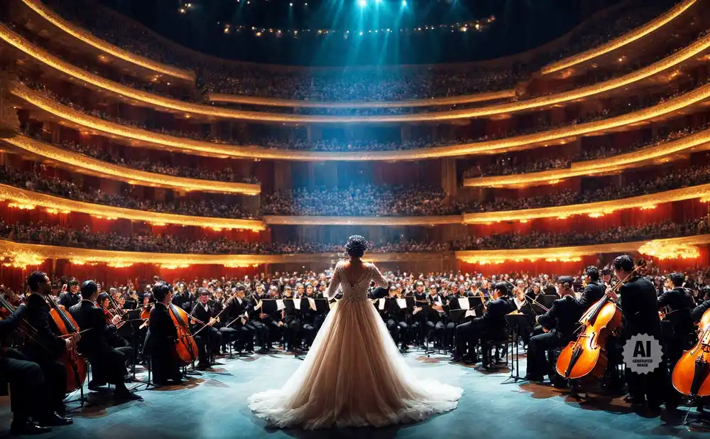 A singer in a white gown faces an orchestra in a grand opera house.