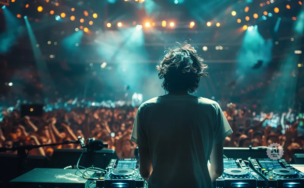 DJ at a concert, back to camera, playing for a cheering crowd under stage lights.