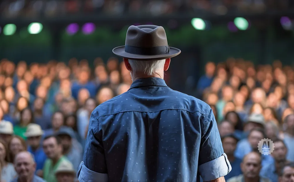 Back of a man in a fedora and blue shirt addresses a blurred audience.