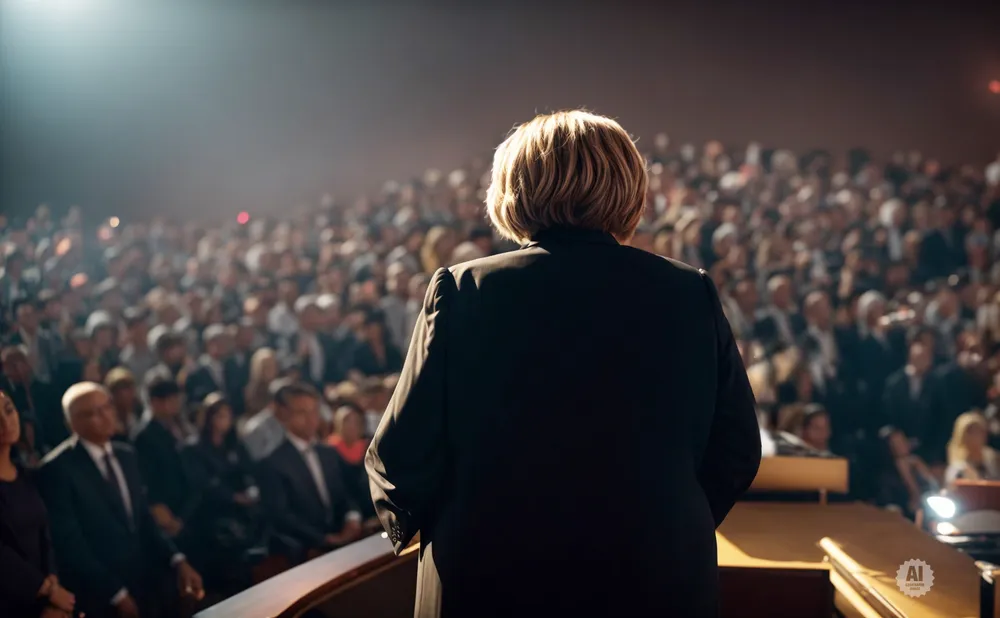 A person in a black suit speaks to a large audience in a dimly lit room with spotlights.