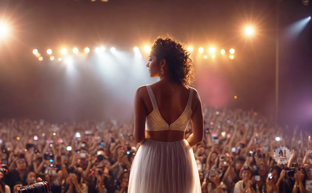 Singer in a white dress on stage, facing a cheering crowd holding up phones.