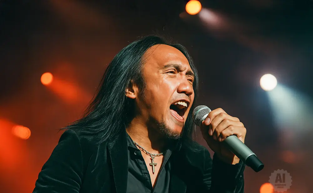 A male singer with long dark hair belts into a microphone, wearing a black velvet jacket and a cross necklace.