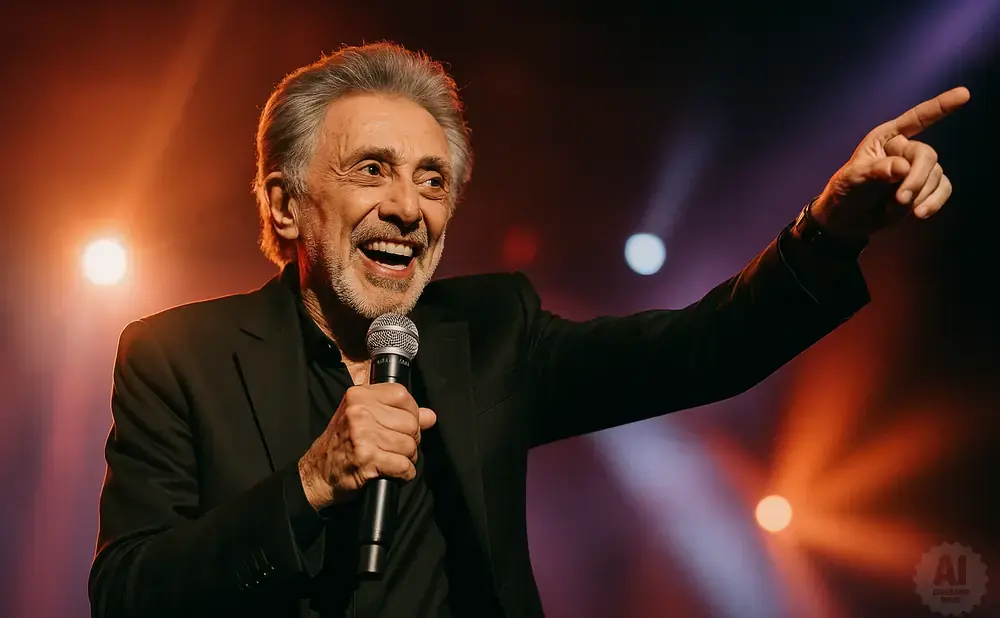 A man with gray hair and a beard, wearing a black suit, holds a microphone and points his finger while on stage.