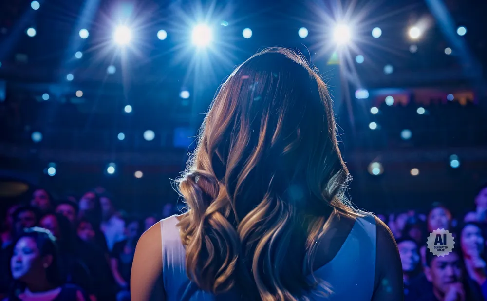 Woman with wavy blonde hair facing a crowd under bright blue stage lights.