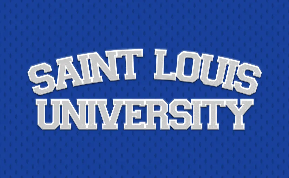Saint Louis University logo on a blue textured background.