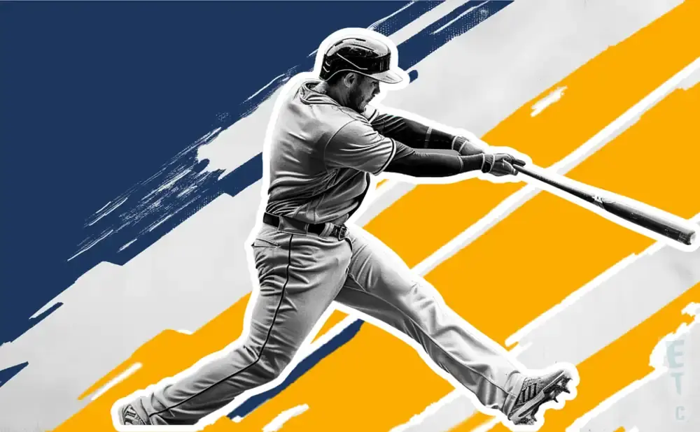 Baseball player swinging a bat with bold yellow and blue abstract background.