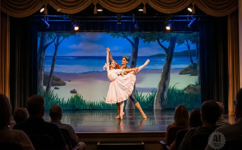Ballet dancers perform on stage in front of a painted backdrop of a forest and water.