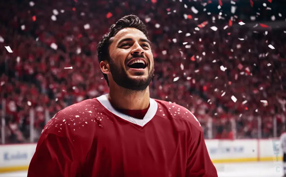 A happy hockey player in a red jersey smiles as confetti falls around him in a crowded stadium.
