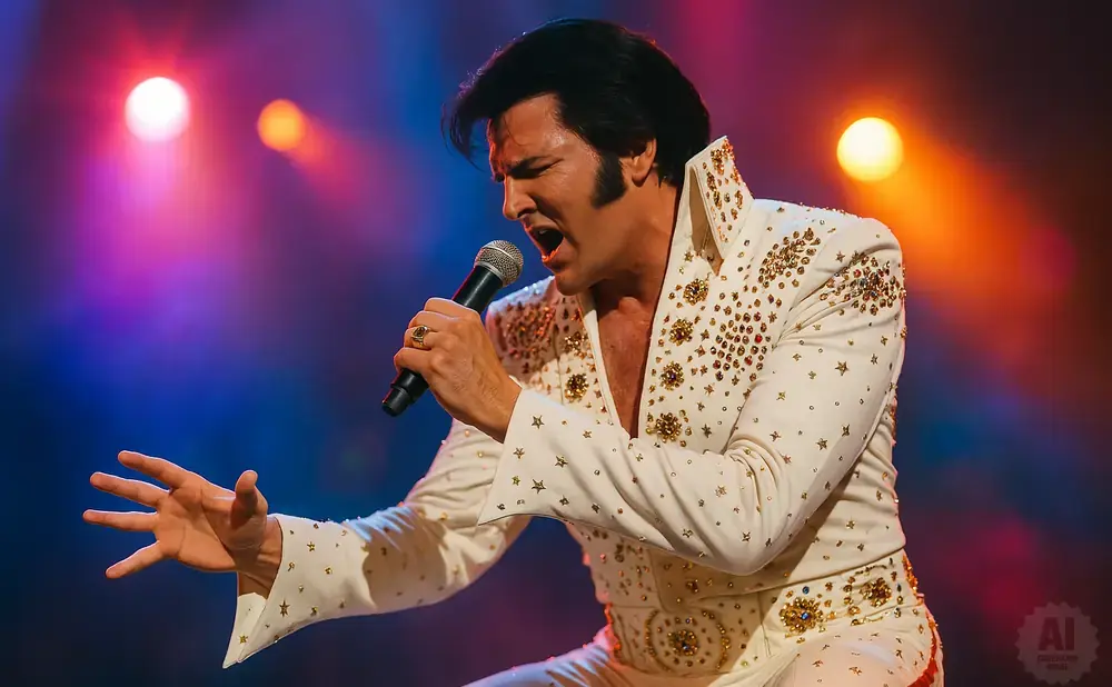 An Elvis impersonator in a bejeweled white jumpsuit sings into a microphone on a colorful stage.
