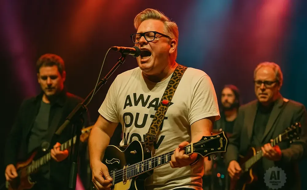 Musician singing and playing guitar on stage with bandmates.
