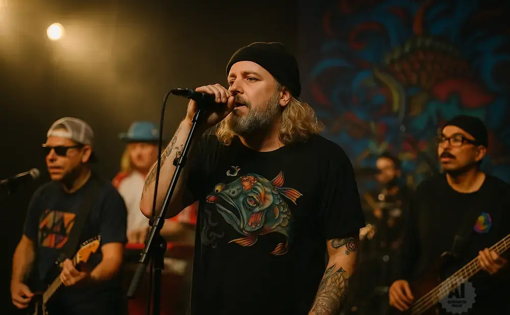 A band performs on stage; the lead singer wears a black beanie and a t-shirt with a fish graphic.