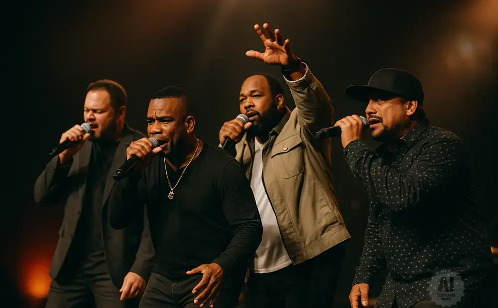 Four men sing into microphones on a stage, one with his arm raised.