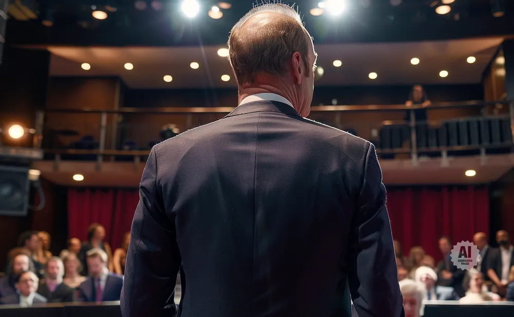 Man in suit addresses an audience from a stage, with spotlights and balcony seating visible.