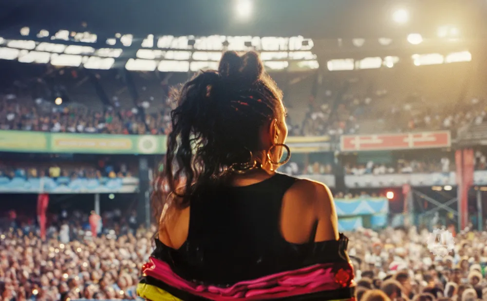 A woman with braided hair and hoop earrings performs on stage in front of a large, cheering crowd in a stadium.