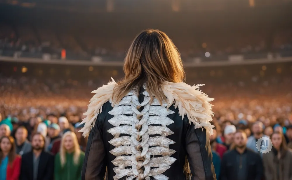 A person in a feathered, skeleton-decorated jacket stands before a blurry crowd in a stadium.