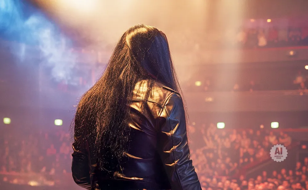 A person with long, dark hair wears a black leather jacket on stage, facing away from the camera, with a crowd visible in the background.