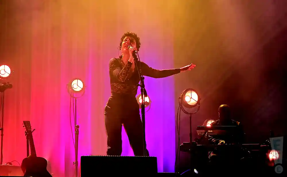 Singer on stage with purple and orange lighting, a guitar and keyboard player in the background.