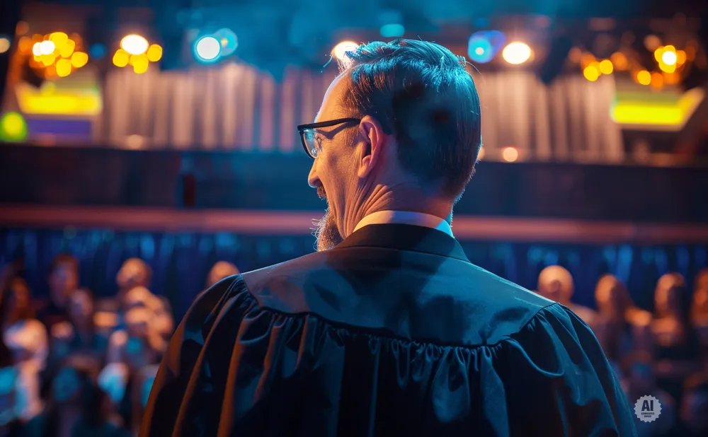 Man in a graduation gown on stage addresses an audience.