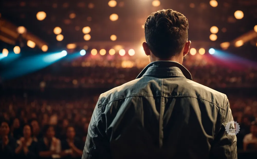Man in denim jacket faces an audience in a dimly lit venue with stage lights.