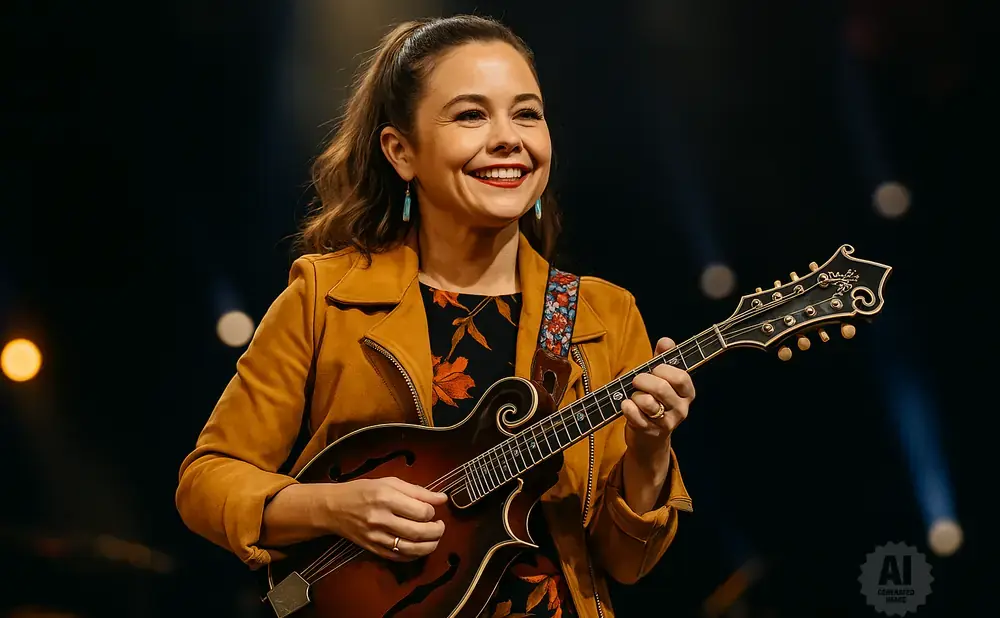 Woman playing a mandolin, smiling broadly, on a dark stage with lights.