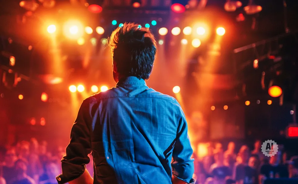 Back of a person in a blue shirt facing a stage with bright orange and yellow lights and a blurred crowd.