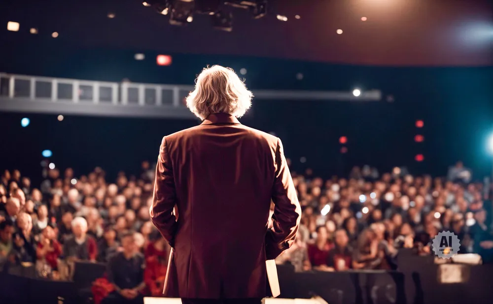 A speaker in a maroon suit addresses a large, blurred audience from a stage.