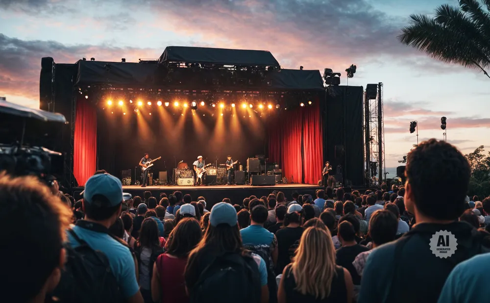 A band plays on a stage with red curtains at sunset, in front of a large crowd.
