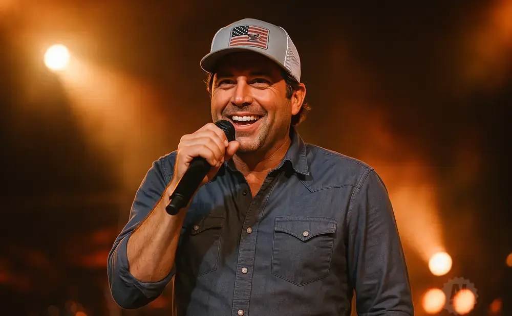 A man wearing a baseball cap and denim shirt smiles and sings into a microphone on a stage with warm lighting.