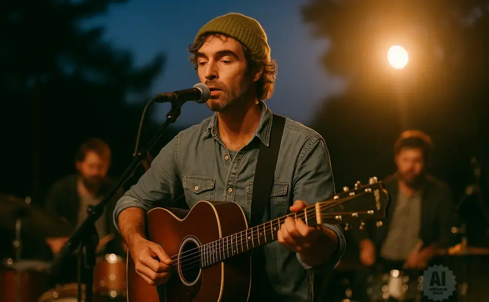 Musician in a beanie and denim shirt plays guitar and sings into a microphone outdoors at night, with a blurred drummer in the background.