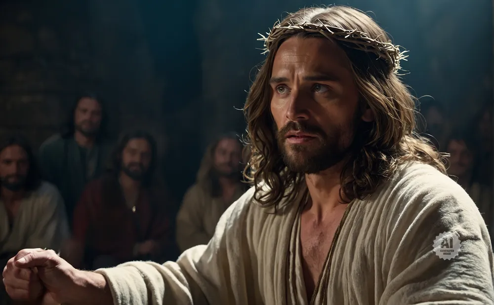 Jesus, wearing a crown of thorns, speaks to a group of men in a dimly lit room.