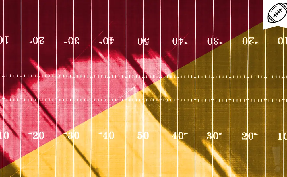 American football field marked with yard lines, split into red and gold halves. A football emblem sits in the upper right corner.