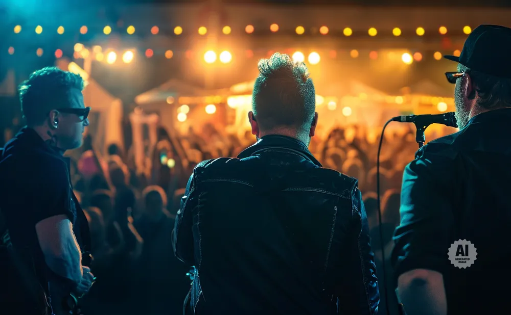 Rock band performing on stage with a crowd in the background at night.