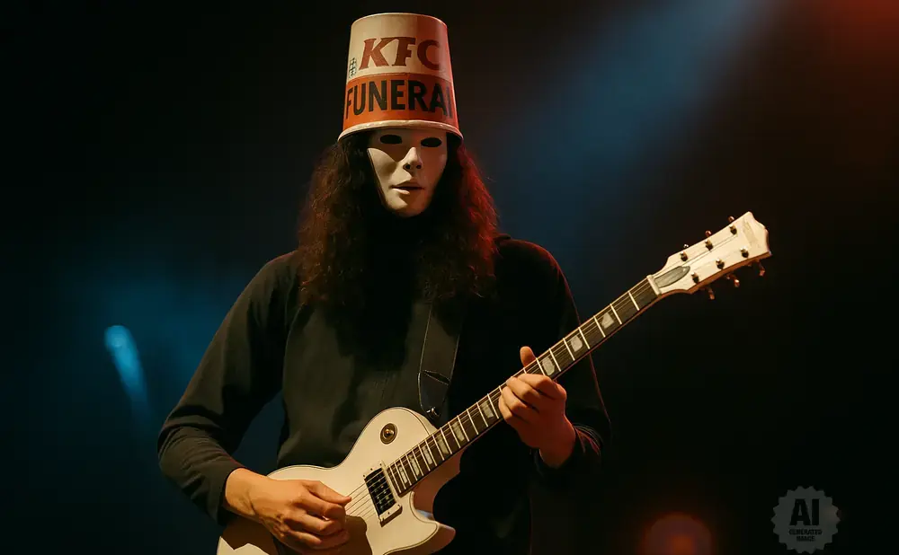 Musician wearing a white mask and a KFC bucket hat plays a white electric guitar on stage.
