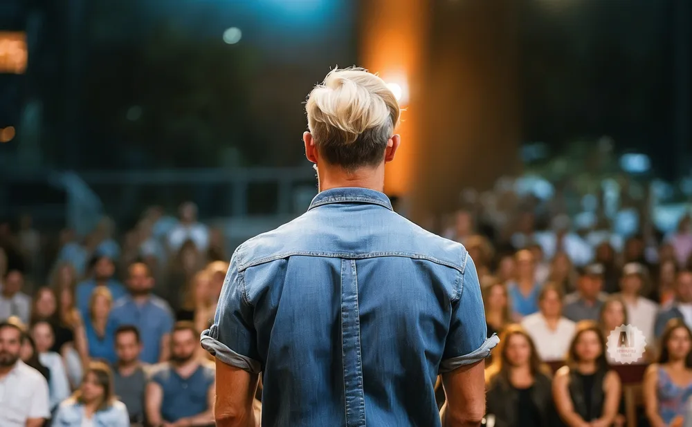 Man in a denim shirt facing away from the camera, addressing a blurry audience.