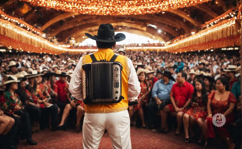 Accordion player in a cowboy hat performs for a large crowd at a festive event.