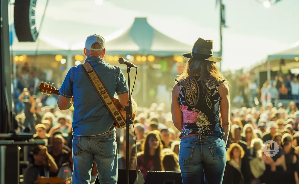 Musicians on stage with a crowd in the background.