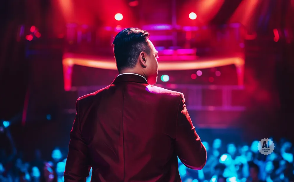 Man in a red suit on stage with bright red and blue lights.