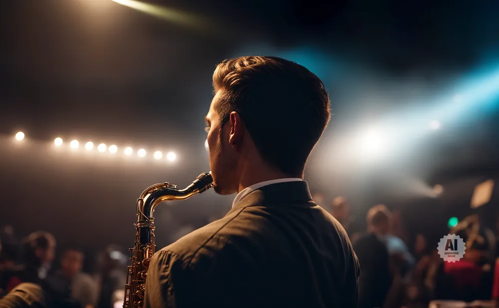 Saxophonist playing on a dimly lit stage with a spotlight and blurred audience in the background.