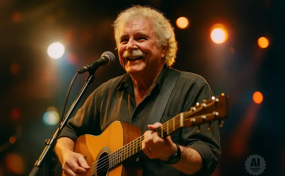An older man with a mustache smiles as he plays an acoustic guitar and sings into a microphone on stage.