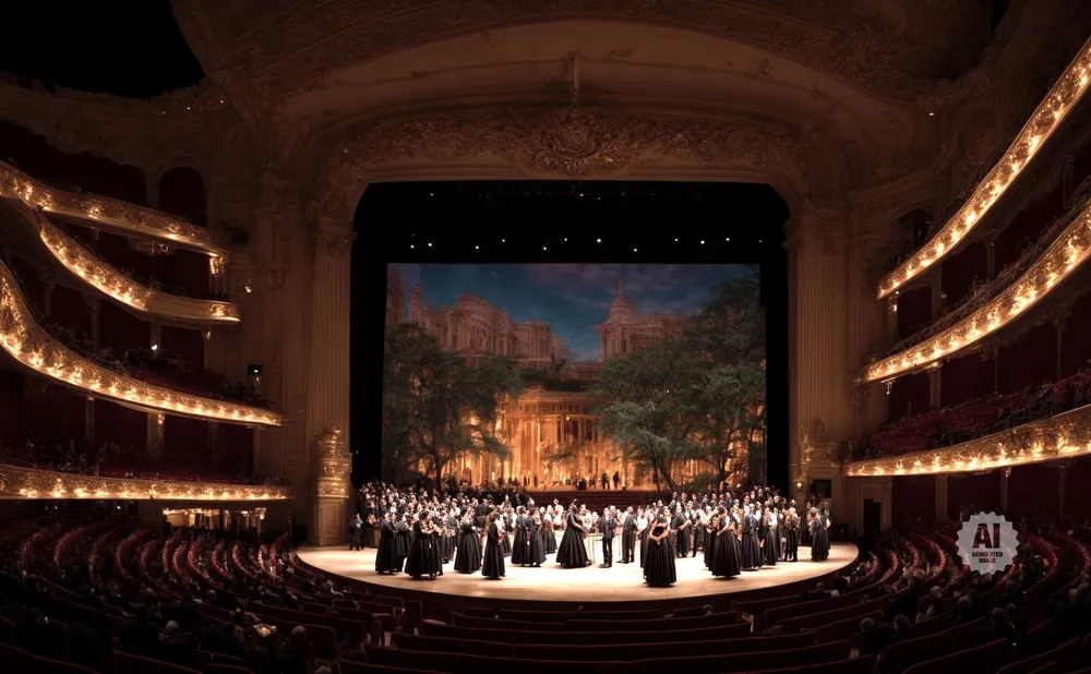 A full shot of a large opera house with a choir on stage and an audience seated in the orchestra and balconies.
