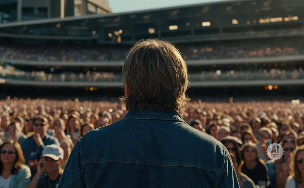 Back view of a man in a denim jacket addressing a large crowd in a stadium.