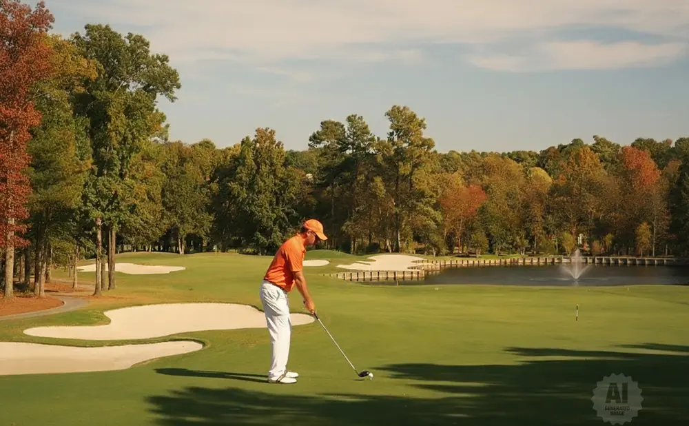 Golfer in orange shirt and hat prepares to hit a golf ball on a green, with trees and a pond in the background.