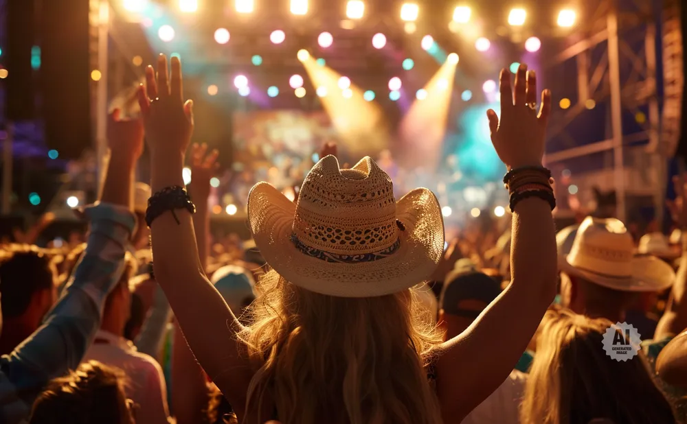 People with hands raised at a concert, one in a cowboy hat, under bright stage lights.